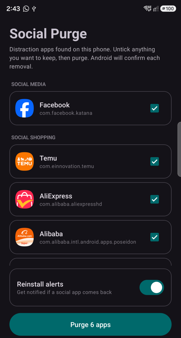 Social Purge app showing detected social media apps ready to purge